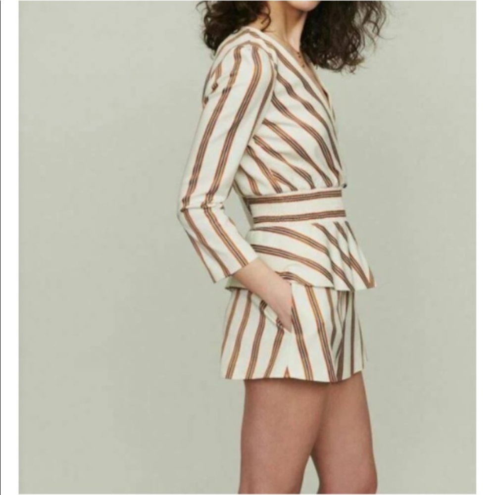 NWT Maje Leni Copper & Blue Striped Peplum V-Neck Open Back Romper Sz. 34 XS